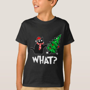 Funny Black Cat Xmas Pushing Christmas Tree Over C T-Shirt