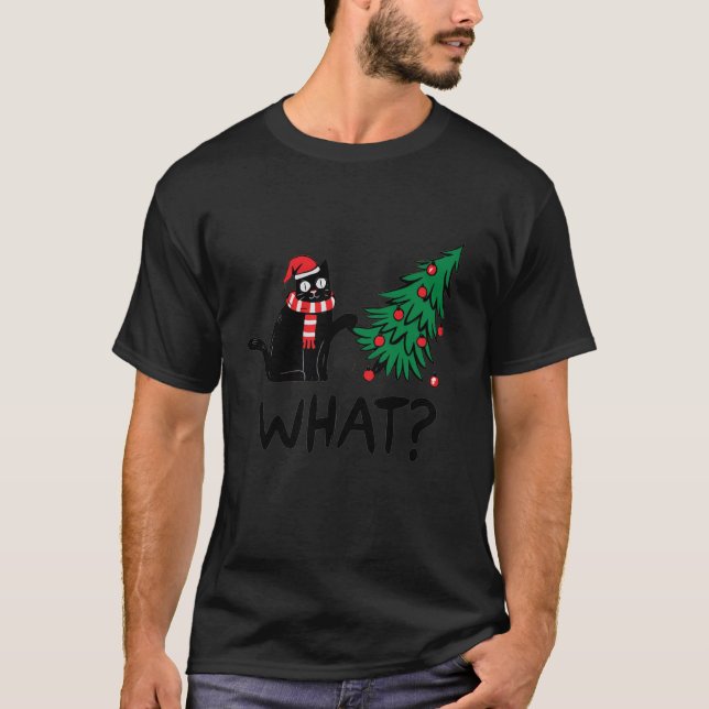 Funny Black Cats Pushing Christmas Tree Over Cat W T-Shirt (Front)