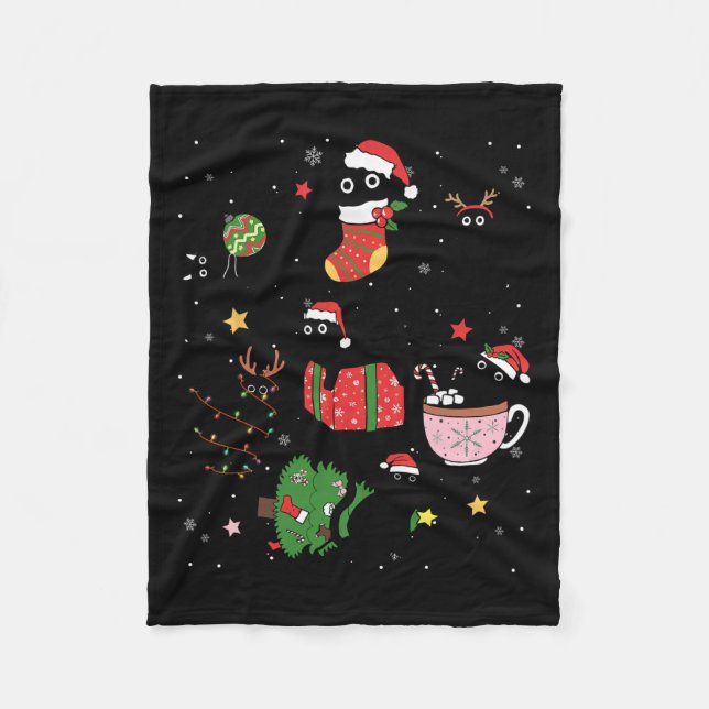 Funny Black Cats Santa Hat Christmas Tree Merry Ch Fleece Blanket (Front)
