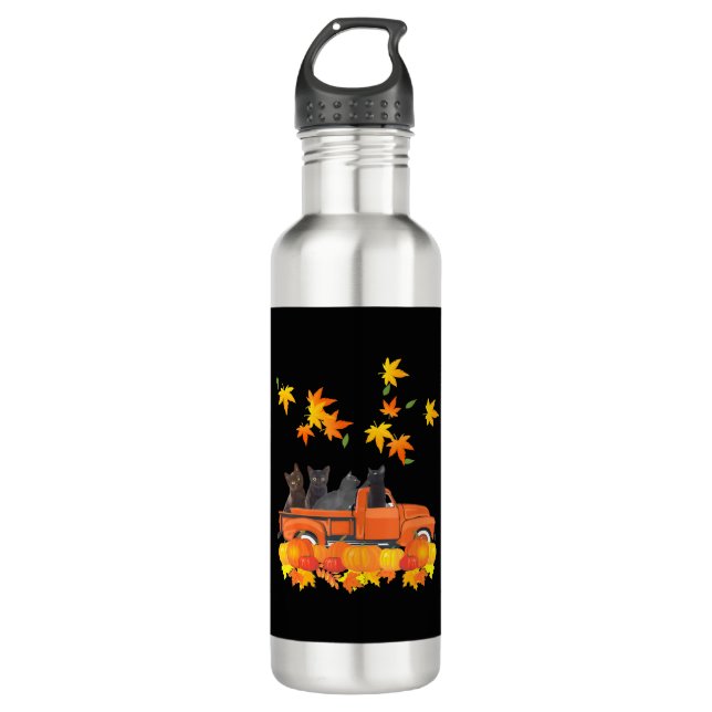 Funny Black Cats Truck Autumn Pumpkin Maple Leaf 710 Ml Water Bottle (Front)