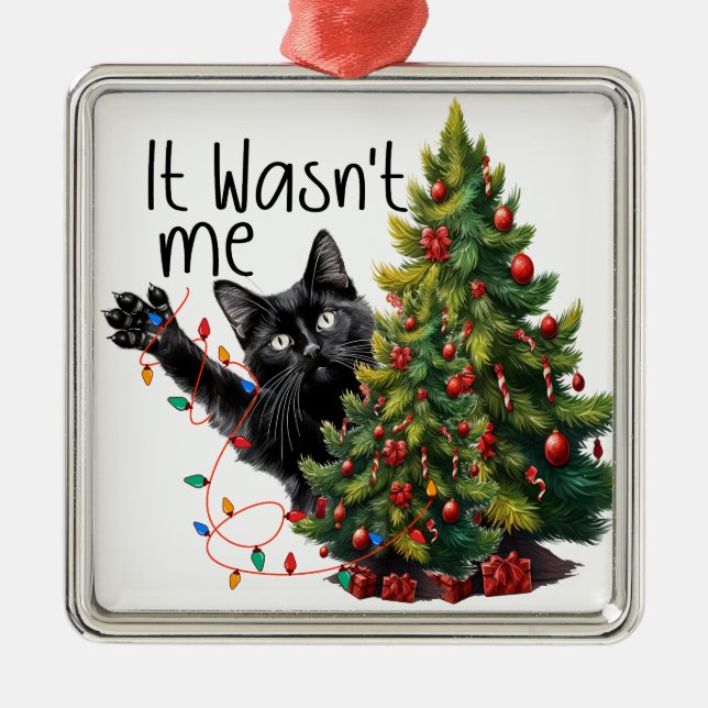 FUNNY BLACK CHRISTMAS CAT WITH TREE METAL ORNAMENT (Front)