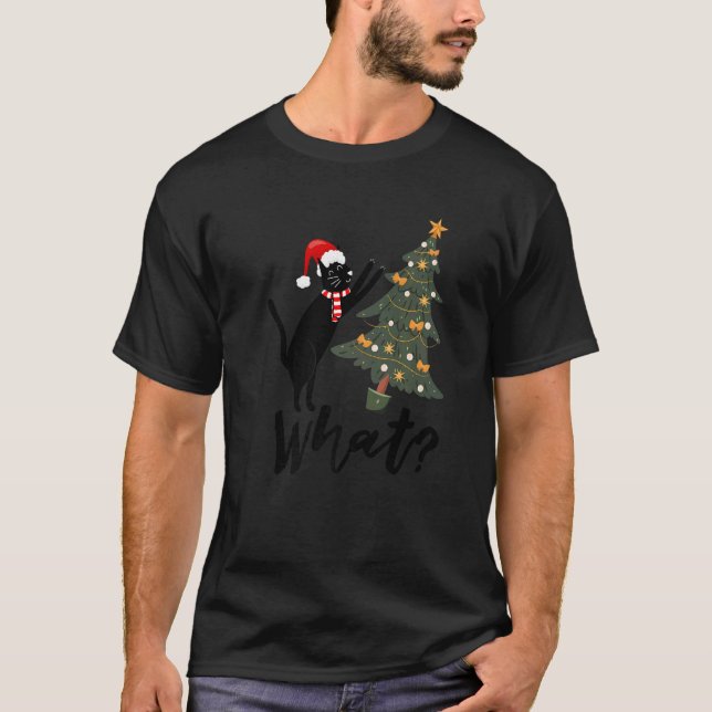 Funny Black Cute Cat Pushing Christmas Tree Over C T-Shirt (Front)