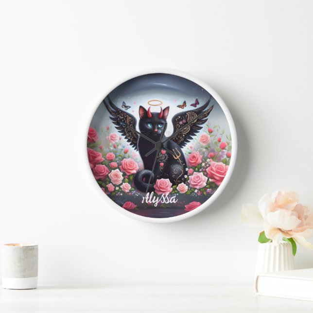 Funny Black Demon and Angel Cat  Clock (Home)