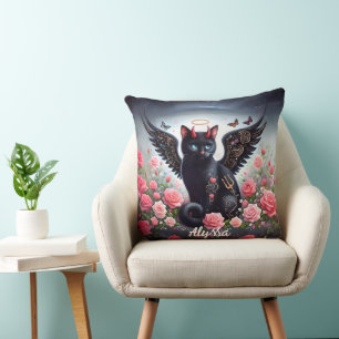 Funny Black Demon and Angel Cat Throw Pillow