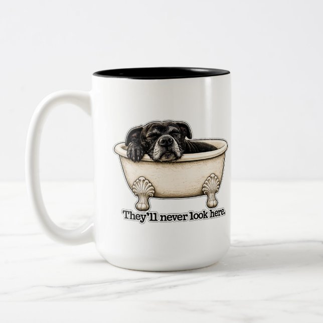 Funny Black Dog Bath They’ll Never Look Here Two-Tone Coffee Mug (Left)