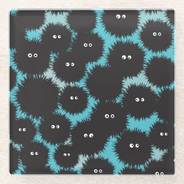 Funny black fluffy monsters  glass coaster (Front)