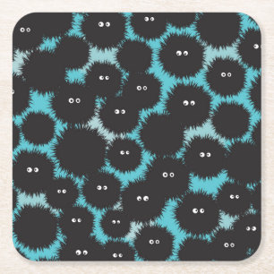 Funny black fluffy monsters square paper coaster