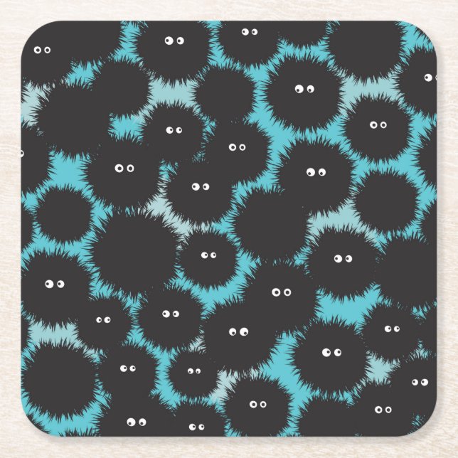Funny black fluffy monsters  square paper coaster (Front)