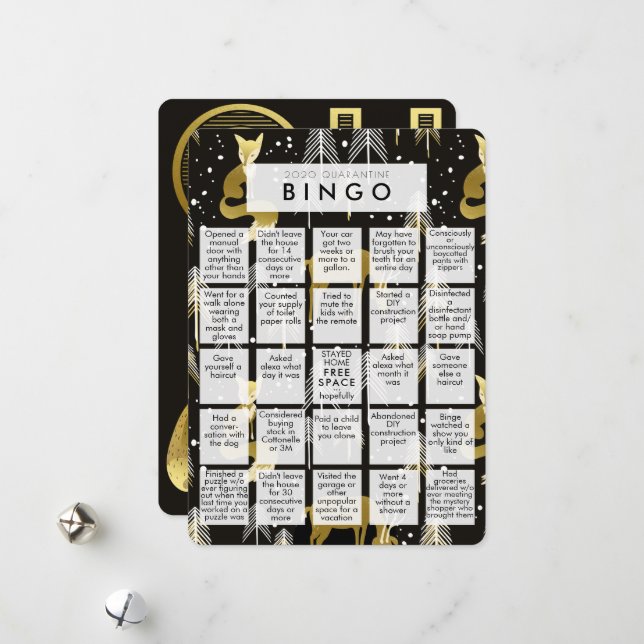 Funny Black & Gold 2020 Quarantine Bingo Christmas Holiday Card (Front/Back In Situ)