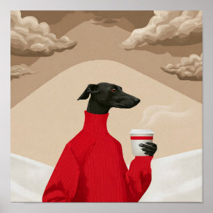 Funny Black Greyhound in Red Sweater Coffee Art Poster
