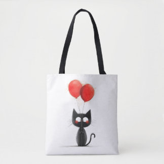 Funny black kitten with red balloons tote bag