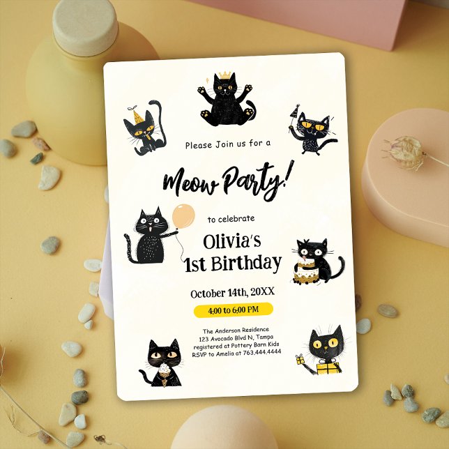 Funny Black Kitty 1er Anniversaire Fête Invitation (Funny Black Kitty 1st Birthday Party Invitation)