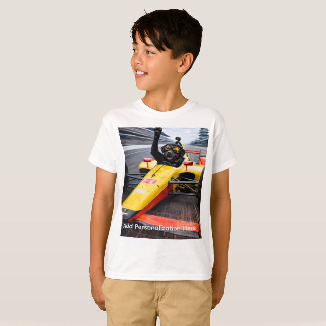 Funny Black Lab Puppy Race Car T-Shirt for Kids |  (Front Full)
