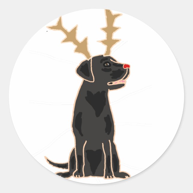 Funny Black Lab with Reindeer Antlers Christmas Classic Round Sticker (Front)