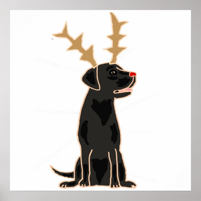 Funny Black Lab with Reindeer Antlers Christmas Poster (Front)