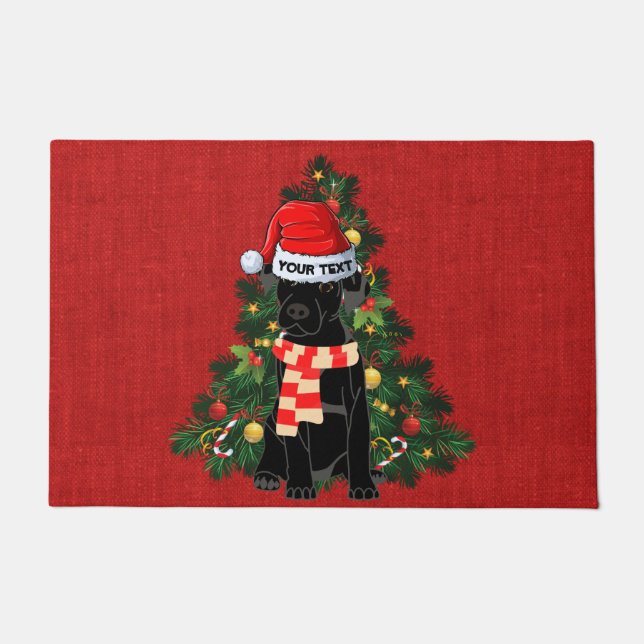 Funny black labrador festive red burlap Christmas Doormat (Front)