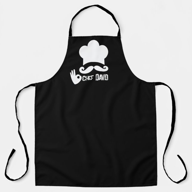 Funny Black Moustache Chef Name Apron (Front)