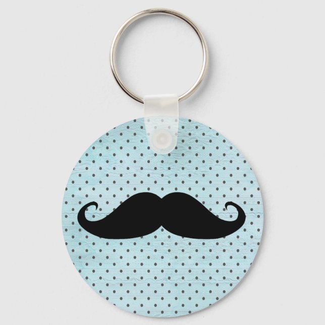 Funny Black Moustache On Teal Blue Polka Dots Keychain (Front)