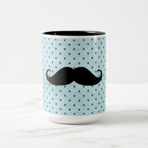 Funny Black Moustache On Teal Blue Polka Dots Two-Tone Coffee Mug
