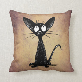Funny Black Oriental Shorthair Cat on Vintage Tan Throw Pillow