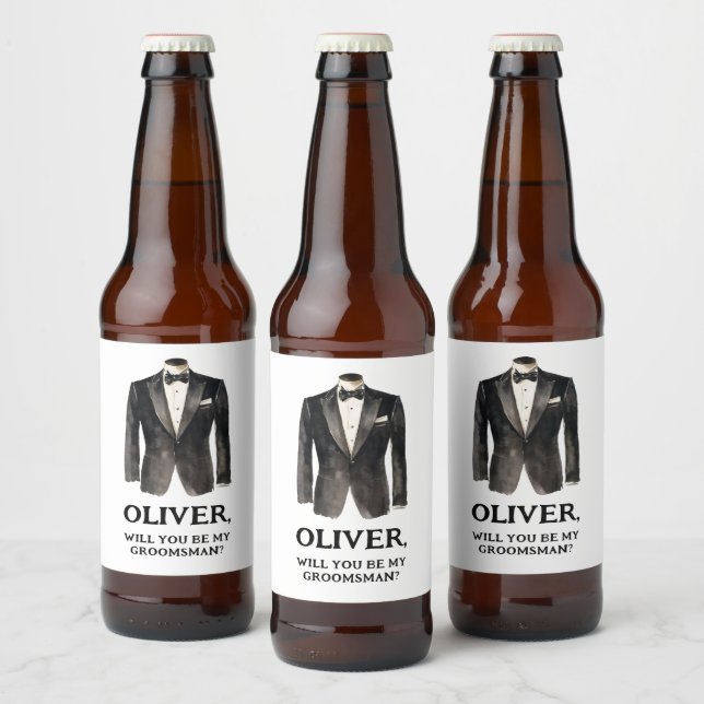 Funny Black Suit Will You Be My Groomsman Proposal Beer Bottle Label (Bottles)