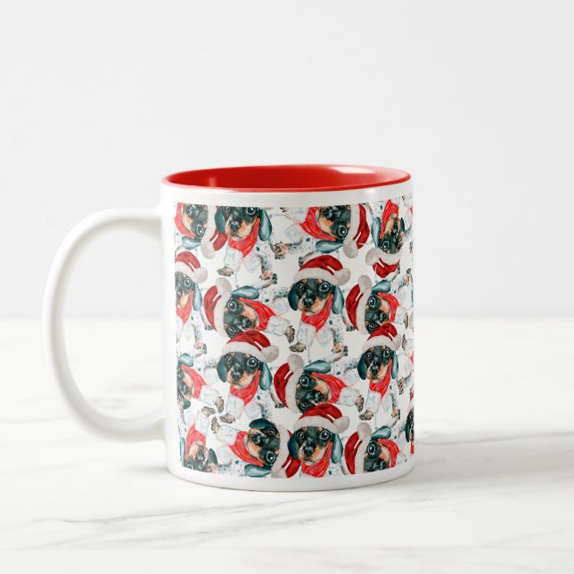 Funny Black Tan Dachshund Puppy Christmas Pattern Two-Tone Coffee Mug (Left)