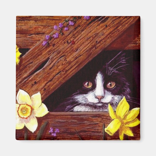 Funny Black White Cat Daffodils Creationarts Magnet (Front)