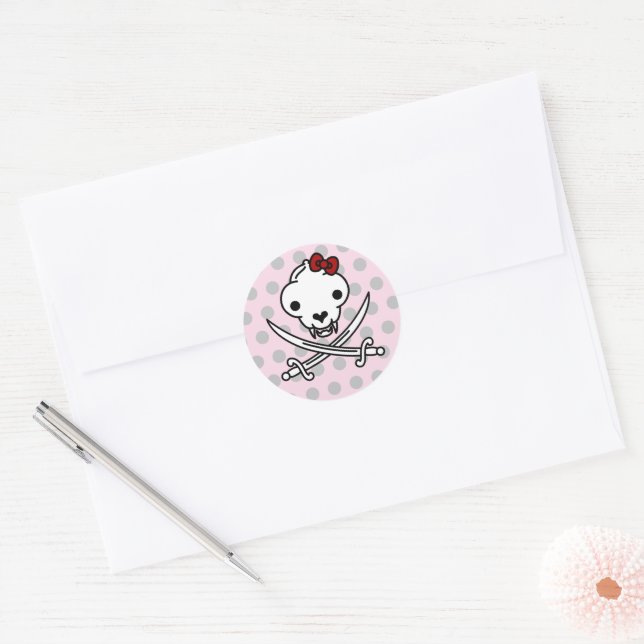 Funny Black White Jolly Kitty Pirate Skull Bones Classic Round Sticker (Envelope)