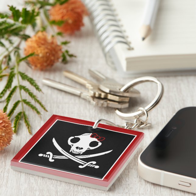 Funny Black White Jolly Kitty Pirate Skull Bones Keychain (Front Right)