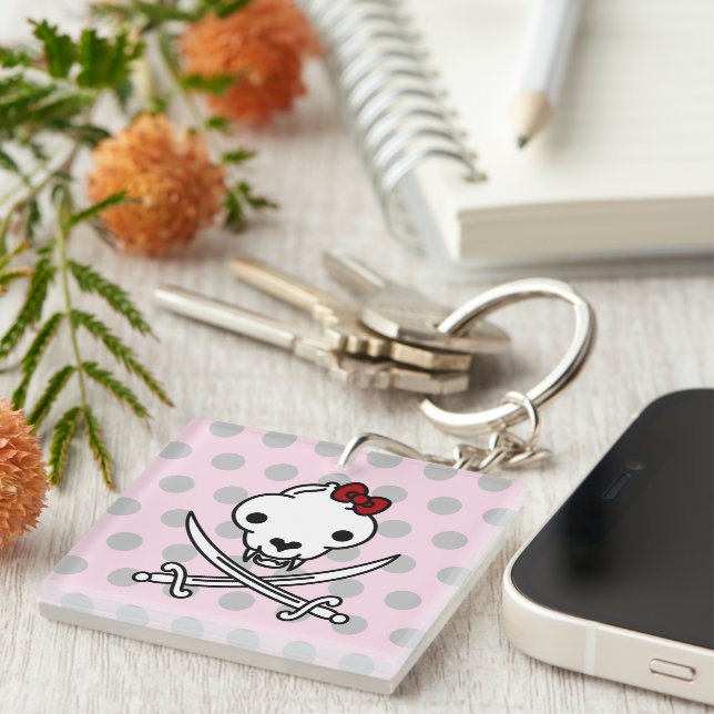 Funny Black White Jolly Kitty Pirate Skull Bones Keychain (Front Right)