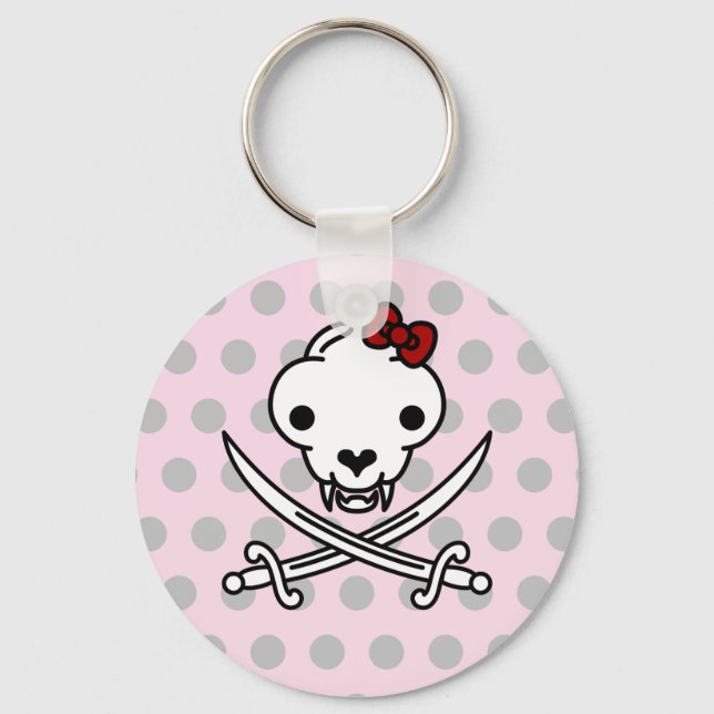 Funny Black White Jolly Kitty Pirate Skull Bones Keychain (Front)