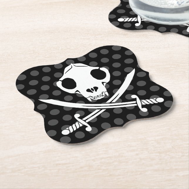 Funny Black White Jolly Kitty Pirate Skull Bones Paper Coaster (Angled)