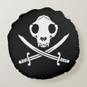 Funny Black White Jolly Kitty Pirate Skull Bones Round Pillow
