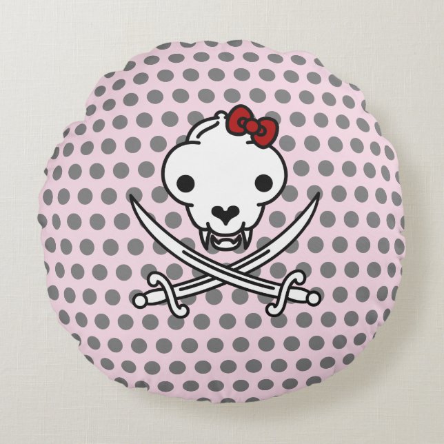 Funny Black White Jolly Kitty Pirate Skull Bones Round Pillow (Front)
