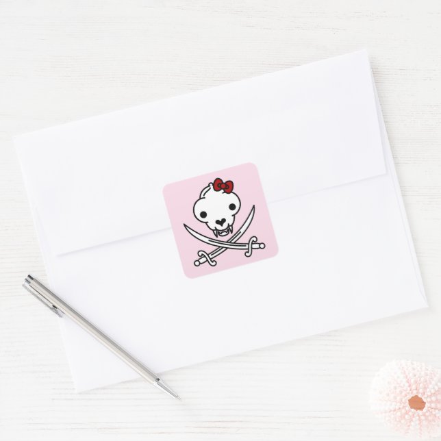 Funny Black White Jolly Kitty Pirate Skull Bones Square Sticker (Envelope)