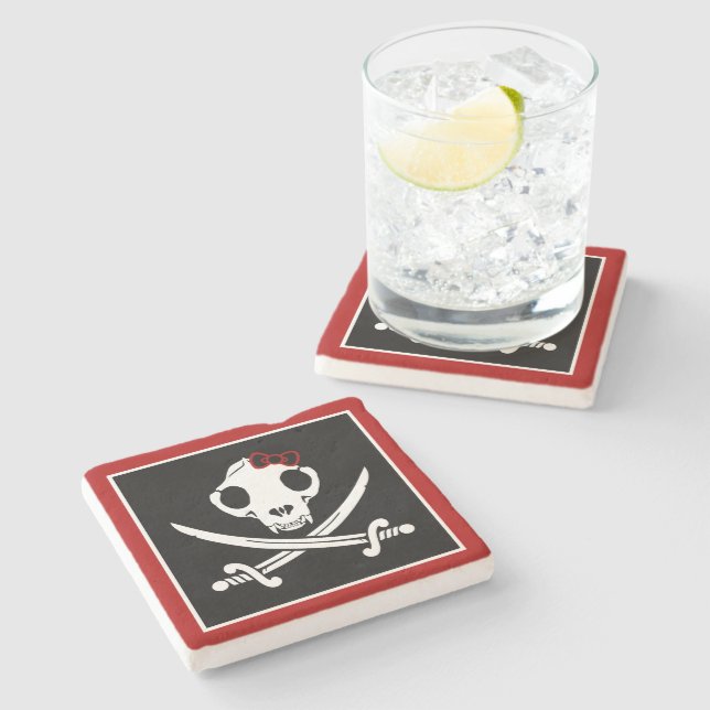 Funny Black White Jolly Kitty Pirate Skull Bones Stone Coaster (Side)