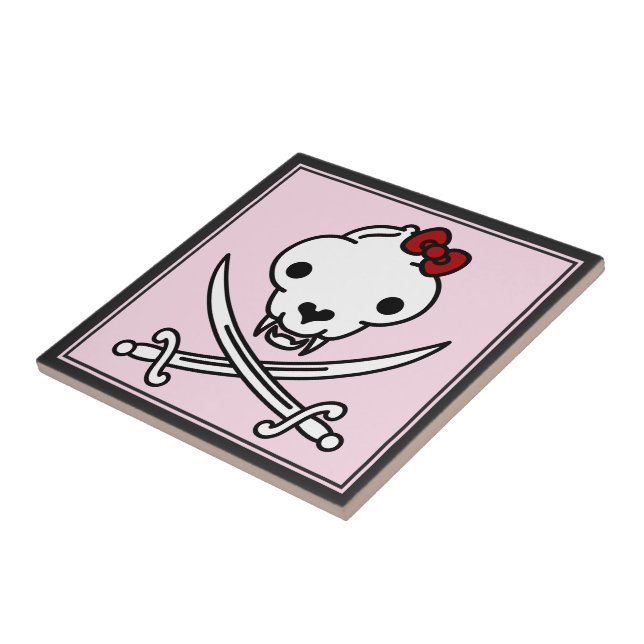 Funny Black White Jolly Kitty Pirate Skull Bones Tile (Side)