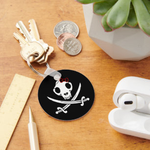 Funny Black White Jolly Kitty Pirate Skull Sabres Keychain