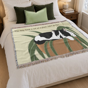 Funny Black White Tuxedo Cat Sleeping  Houseplant Throw Blanket