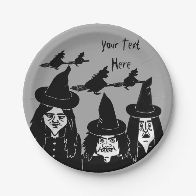 funny black witches spooky scary halloween design paper plate (Front)