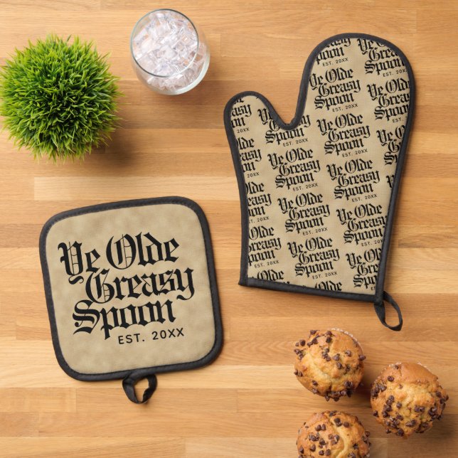 Funny Blackletter Script Ye Olde Greasy Spoon Oven Mitt & Pot Holder Set (Top Down)