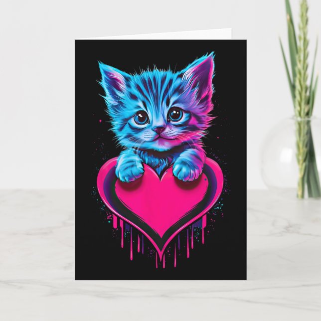 Funny Blacklight Glitch Art Cute Cat Kitten Valent Card (Front)