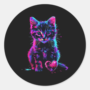 Funny Blacklight Glitch Art Cute Cat Kitten Valent Classic Round Sticker