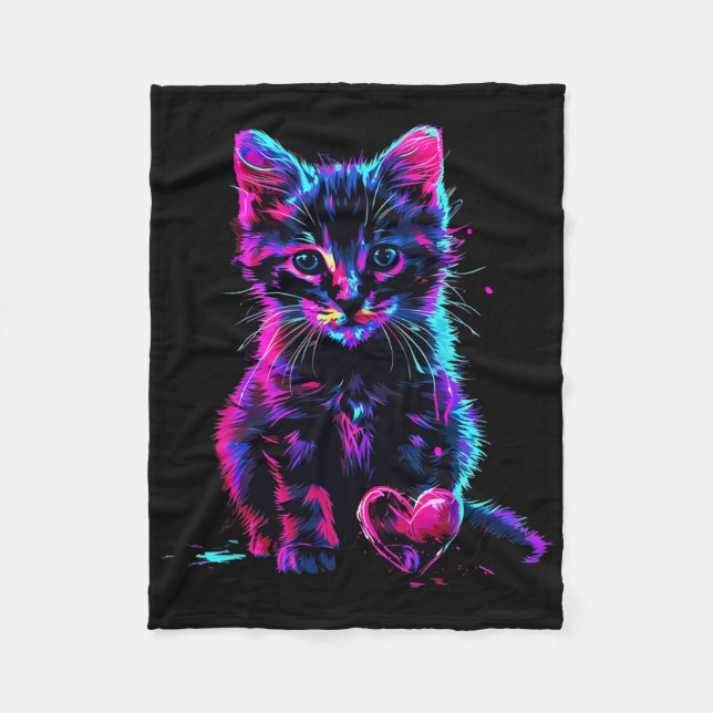 Funny Blacklight Glitch Art Cute Cat Kitten Valent Fleece Blanket (Front)