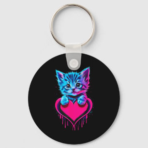 Funny Blacklight Glitch Art Cute Cat Kitten Valent Keychain