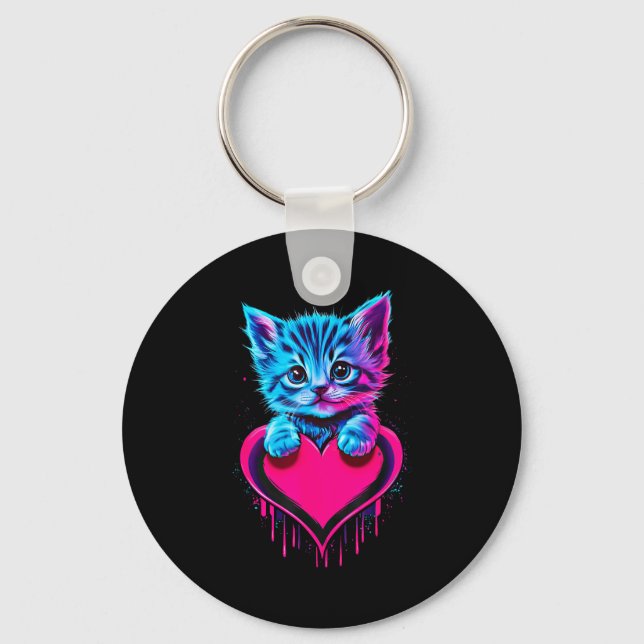 Funny Blacklight Glitch Art Cute Cat Kitten Valent Keychain (Front)