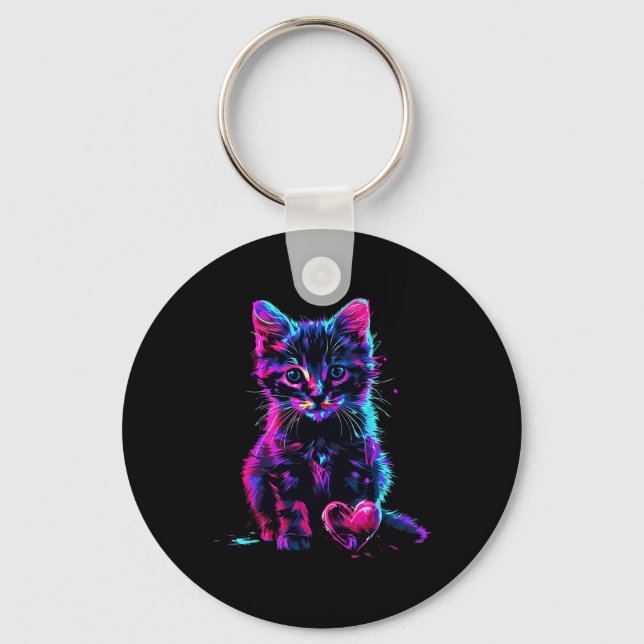 Funny Blacklight Glitch Art Cute Cat Kitten Valent Keychain (Front)
