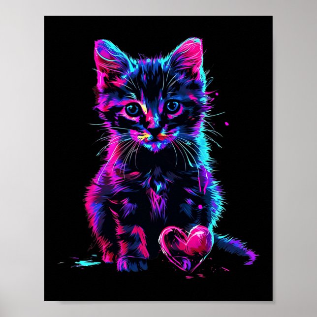 Funny Blacklight Glitch Art Cute Cat Kitten Valent Poster (Front)