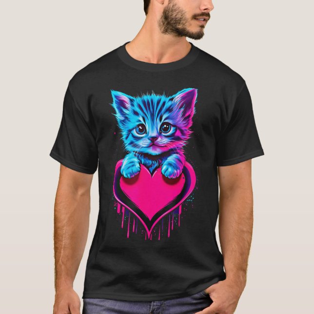 Funny Blacklight Glitch Art Cute Cat Kitten Valent T-Shirt (Front)