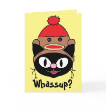 Funny Blank Inside Cartoon Cat w/ Sock Monkey Hat